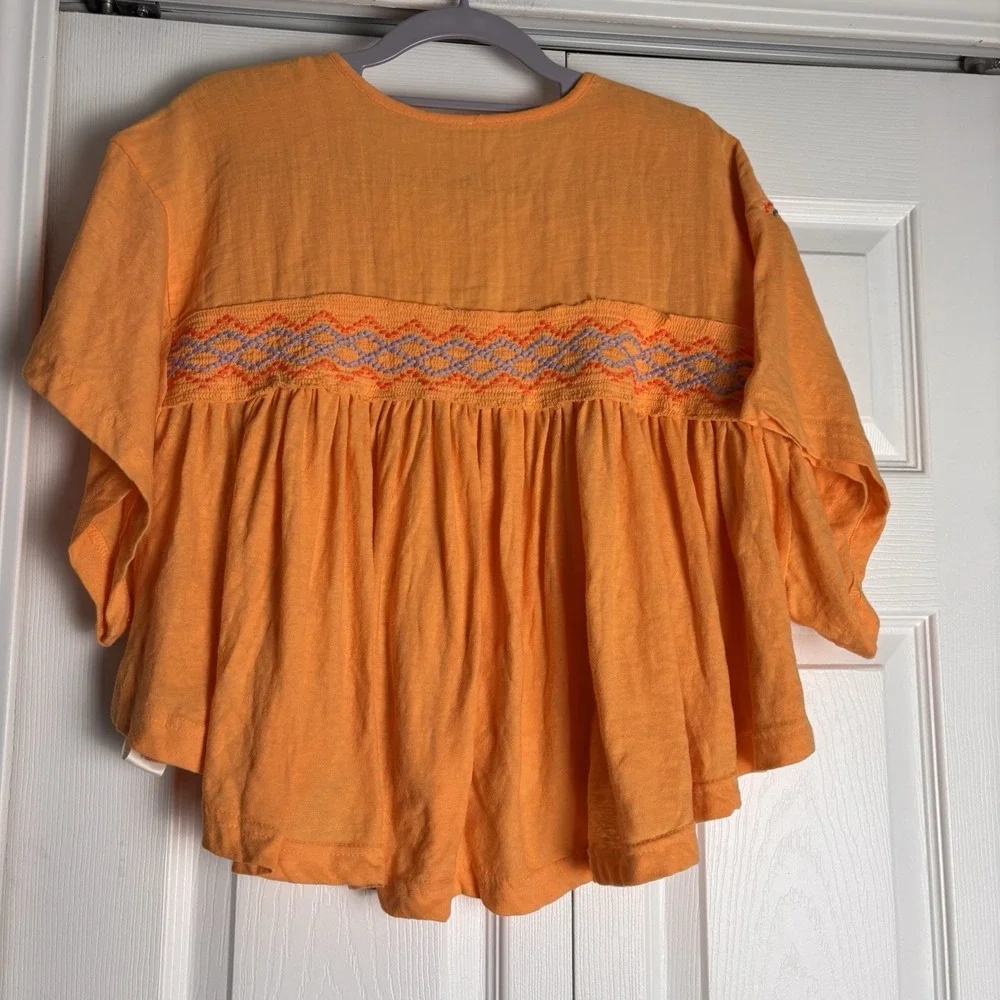 Free People Top Embroidered Tie Neck Carrot Ginger S‎ Flowy Boho Peasant